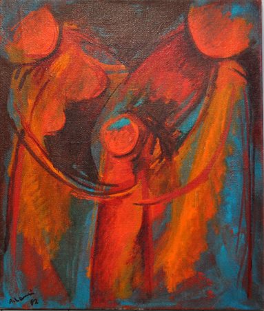 AMEDEO LANCI Famiglia, 1982 Olio su tela cm. 70x60 firmato e datato Scorniciato