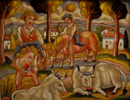 ROBERTO SGUANCI Butteri e buoi Olio su cartone cm. 40x50 firmato