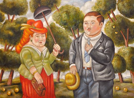 ROBERTO SGUANCI Coppia nel parco (Omaggio a F. Botero) Olio su cartone cm....