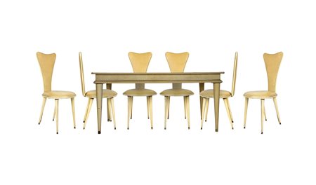 Umberto Mascagni (XX secolo - ) 
Set di sei sedie e tavolo da pranzo 1970
 Table: h 80 x 170 x 86 cm; h 99 x 35 cm