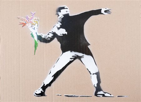 BANKSY (Bristol 1974) "Love is in the air". Spray su cartone. Cm 30x40. Al...