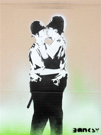 BANKSY (Bristol 1974) "Kissing Coppers". Spray su cartone. Cm 40x30. Reca...