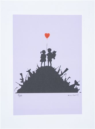 BANKSY (Bristol 1974), after. "Kids on Guns (Purple edition)". Litografia a...