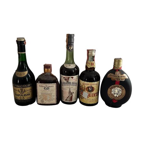 5 bottiglie di Brandy di origine Europea: VECCHIA ROMAGNA etichetta oro...