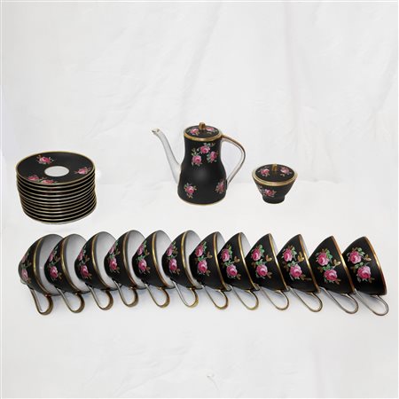 Sevres- Vincennes - Servizio da 12 da te in porcellana smaltata in nero opaco con rose fucsia, detta