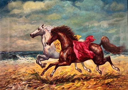 GONZAGA GIOVAN FRANCESCO milano (milano) 1902 Corsieri al galoppo Olio su...