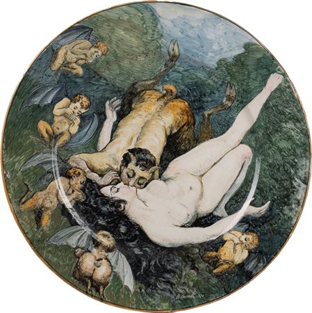 Basilio Cascella (Pescara 1860-Roma 1950)  - Piatto con ninfa e satiro, 1921