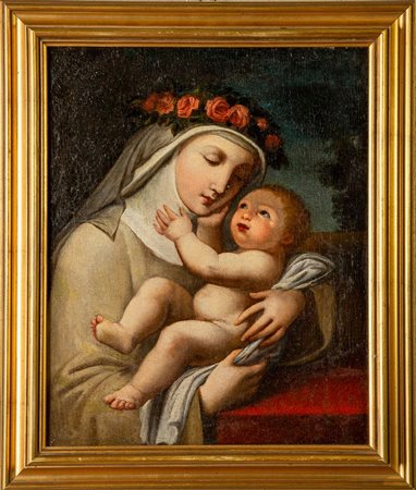 Maestro del XVIII secolo. "Santa Rita con bambino". Olio su tela. Cm 39x32.