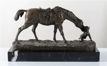  PIERRE-JULES MÈNE (1810 - 1879) "Cavallo e cane". Scultura in bronzo. Cm 18x36x12. Opera firmata alla base P.J.Mène.