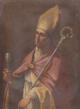 Maestro emiliano del XVIII secolo. "Ritratto di Santo vescovo". Olio su tela....
