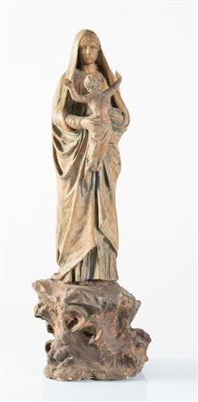 Scultura in terracotta, raffigurante Madonna con Bambino. Arte emiliana, fine...