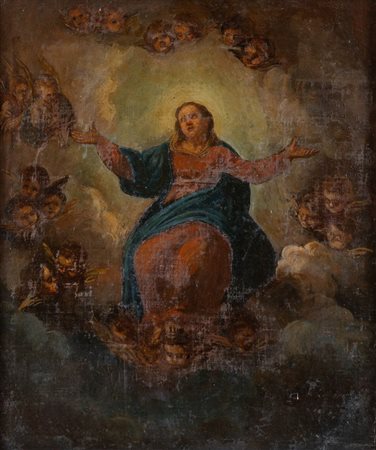 Maestro del XIXI secolo "Madonna in Gloria con angeli". Olio su tela. Cm...