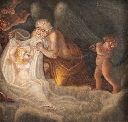 Maestro neoclassico. "Scena mitologica". Olio su carta. Cm 34x36.