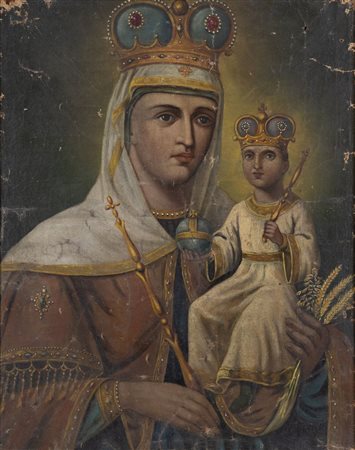 Maestro del XIX secolo. "Madonna con Bambino". Olio su tela. Cm 85,5x68....