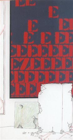 GIANNI DORIGO Interno con roccia, 1974 Olio su tela cm. 100x50 firmato e...