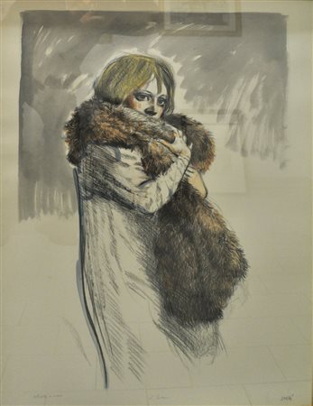 ALBERTO SUGHI L’inverno Litografia acquerellata a mano cm. 103x65 firmata