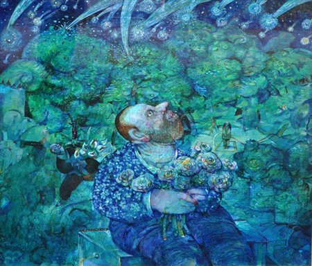 ANTONIO POSSENTI Giardiniere notturno, 1983 Olio su tavola cm. 60x60 firmato...