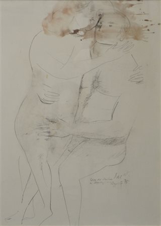 BRUNO SAETTI Amanti, 1975 Tecnica mista su carta intelata cm. 67x50 firmata e...