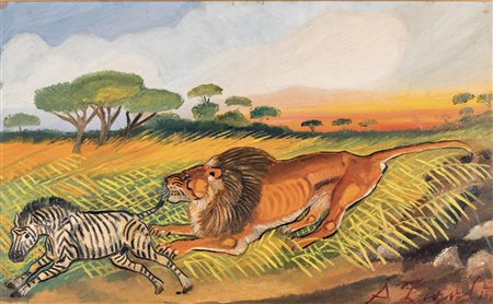 Antonio Ligabue, Leone con zebra, 1954