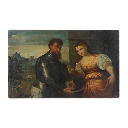 PARIS BORDONE (seguace di) (Treviso, 1500 - Venezia, 1571) 
Pittore veneziano, Giuditta  e Oloferne seconda metà XVI secolo
dipinto ad olio su tela 51,6 x 85 cm