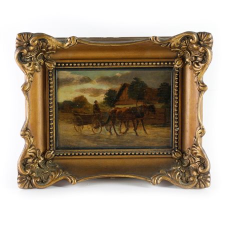  
Lotto di 2 dipinti; scorcio di paesaggio con carrozza e cavalli e anziano inizi XX secolo
dipinti ad olio su cartone e tavola 10,5 x 16 e 31 x 18 cm