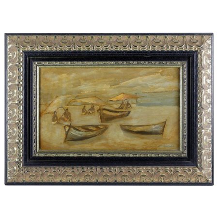  
Spiaggia con bagnanti seconda metà XX secolo
dipinto ad olio su tavola 15,5 x 27 cm