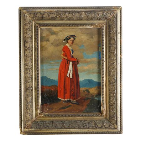  
Ritratto di popolana in rosso con vestito regionale inizi XX secolo
dipinto ad olio su tela 30 x 22 cm