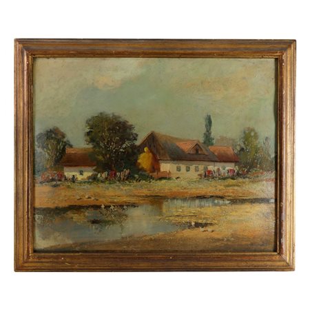  
Scorcio di paesaggio campestre con case ed alberi prima metà XX secolo
dipinto ad olio su cartone 40 x 50 cm