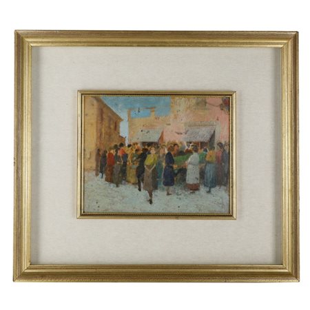  
Popolane al mercato, coppia dipinti ad olio su tavola inizi XX secolo
 20 x 25 e 17 x 23 cm