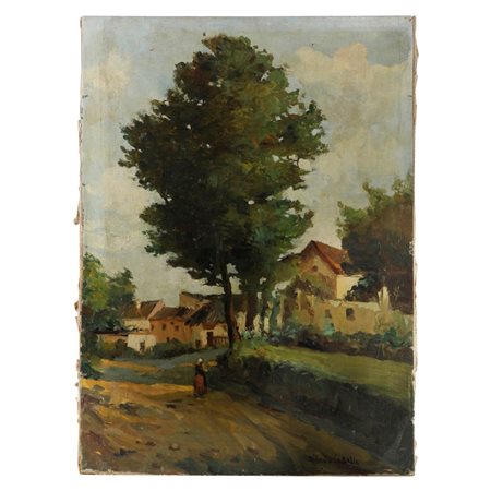  
Paesaggio con case e viandante inizi XX secolo
dipinto ad olio su tela 55 x 41,5 cm