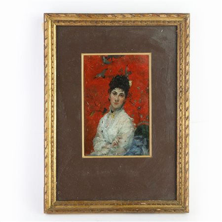  
Ritratto di dama su sfondo rosso scuola italiana inizio XX secolo
dipinto ad olio su tavola 16 x 10 cm