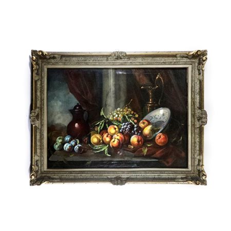  
Natura silente composizione con frutta e vasellame metà XX secolo
dipinto ad olio su tela 70 x 100 cm