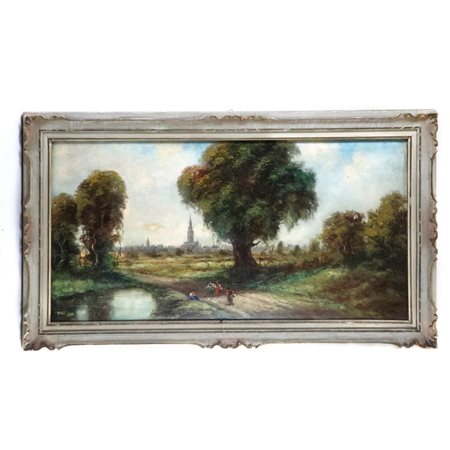  
Scorcio di paesaggio nord europeo con personaggi, alberi e città metà XX secolo
dipinto olio su tela 60 x 120 cm