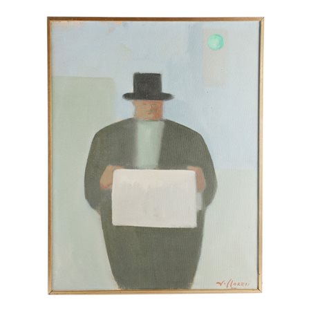 FRANCO VILLORESI (Città di Castello, 1920 - Rigutino, 1975) 
Uomo che legge il giornale  
Olio su tela 45 x 35 cm