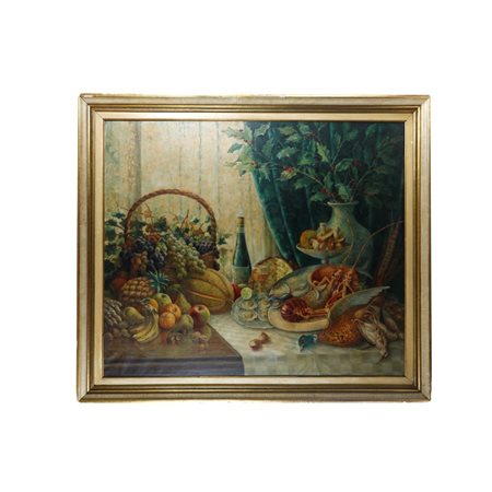  
Composizione con fiori , frutta e pesci e uccelli metà XX secolo
dipinto ad olio su tela 100 x 120 cm