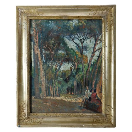 PAUOLO GHIGLIA (Firenze, 1905 - Roma, 1979) 
Scorcio di paesaggio con pini e persone metà XX secolo
dipinto olio su tela 45,5 x 35,5 cm
