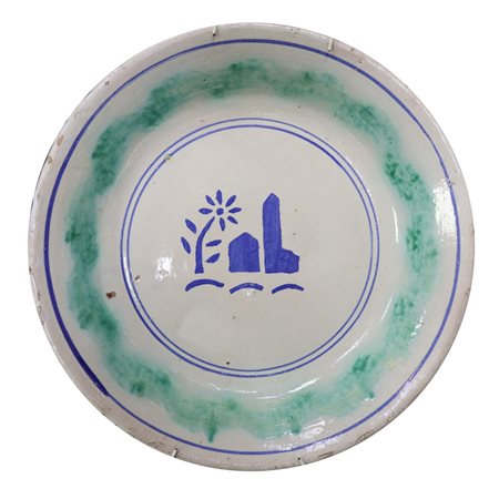 Piatto in maiolica di Caltagirone spugnato verde con casa