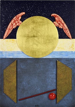 Lucio Del Pezzo (1933 - 2020) ESOTERICO collage su tavola, cm 65x45 firma sul...