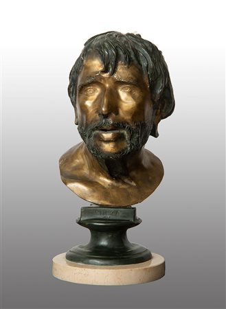 Scultura antica in bronzo brunito raffigurante testa del filosofo Seneca. La...