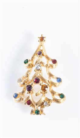 MONET Spilla in metallo dorato a forma di albero di Natale con palline in...