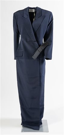GIANFRANCO FERRE' Abito lungo in seta blu con chiusura a portafoglio e...