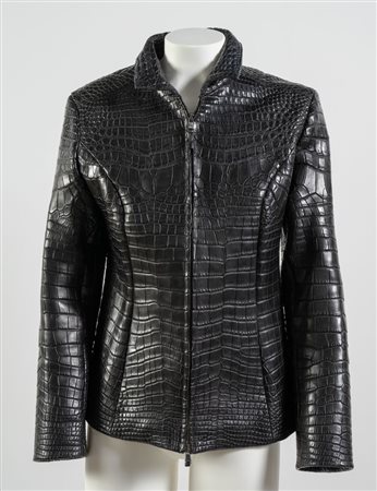 SCUOLA DEL CUOIO Giacca special order in pelle di coccodrillo morbida nera....