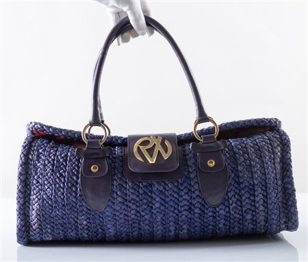 REDWALL Borsa a spalla in rafia intrecciata viola. Manico con inserti in...