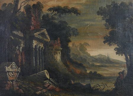 Giuseppe Bernardino Bison PAESAGGIO CON ROVINE olio su tela, cm 39,5x54...