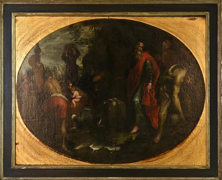 Scuola del XVII secolo SCENA BIBLICA olio su tela, cm 77,5x101 Sul retro:...