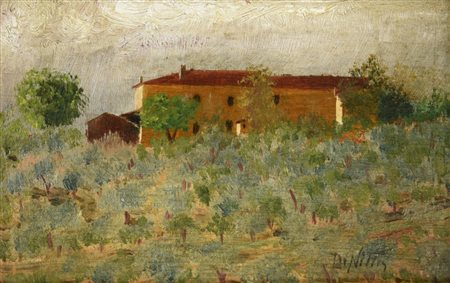 Giuseppe De Nittis PAESAGGIO olio su tavola, cm 8,4x13 circa firma sul retro:...