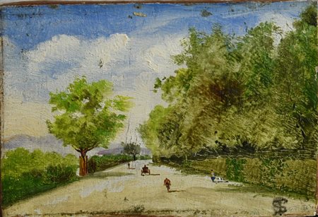 Telemaco Signorini STRADA DI CAMPAGNA olio su tavola, cm 6,5x9,5 sigla