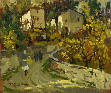 Domenico De Bernardi SOLE AUTUNNALE, 1922 olio su tavola, cm 33x40 firma e...