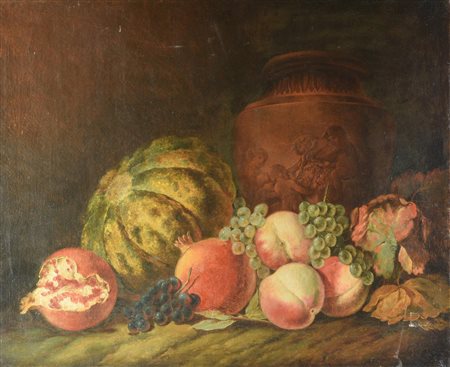 Scuola di Anversa del XIX secolo NATURA MORTA CON PESCHE, UVA E MELOGRANI...