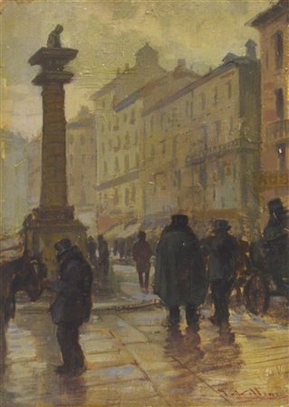 Giulio Vittini PIAZZA SAN BABILA olio su tavola, cm 25x18 firma sul retro:...